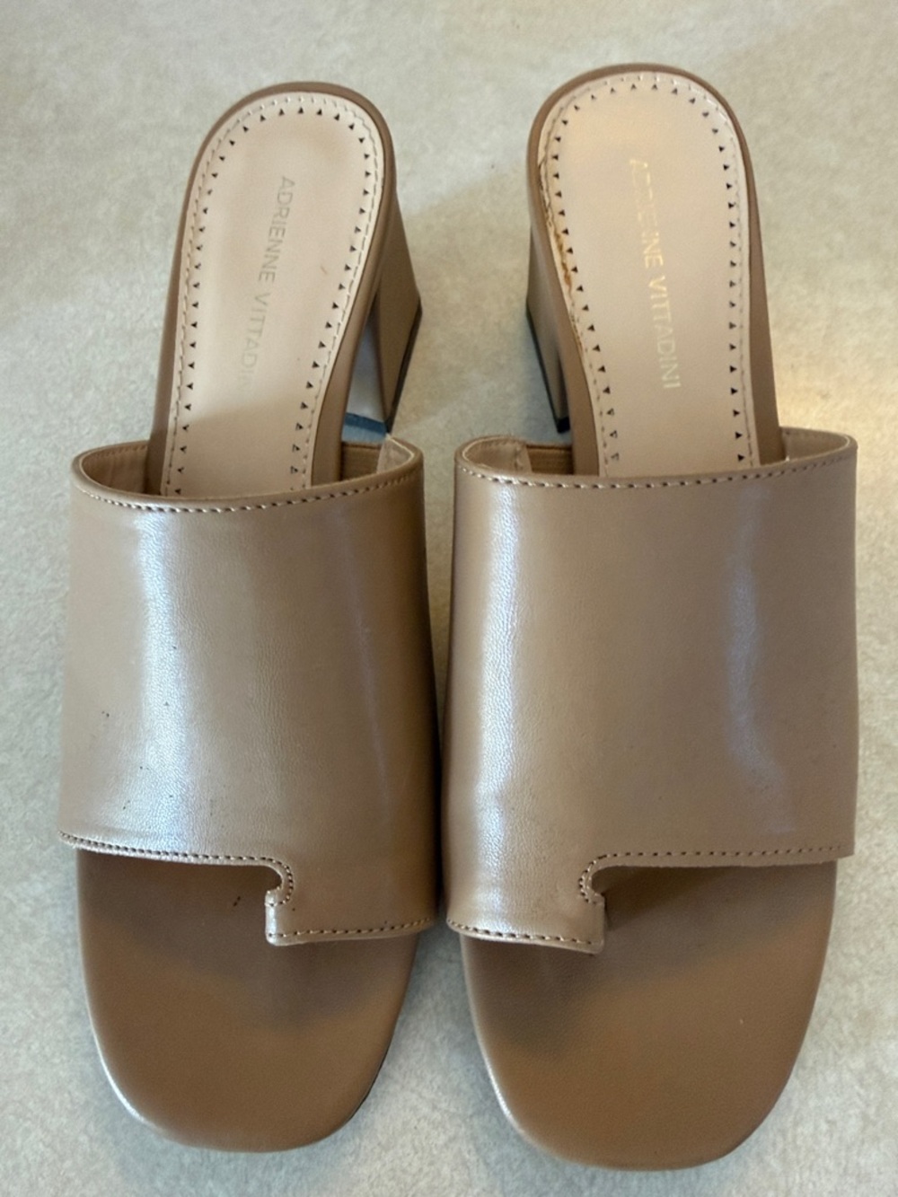 Adrienne Vittadini Taupe Leather Open-Toe Slide Mules